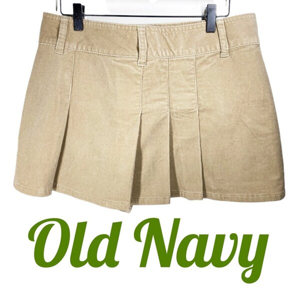 OLD NAVY VINTAGE Y2K STRETCH CORDUROY PLEATED MINI SKIRT TAN PREPPY ACADEMIA 6 - Picture 2 of 9